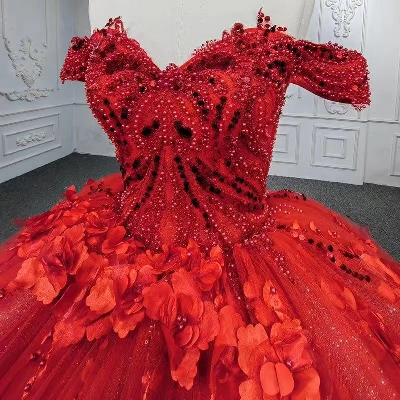 Off-the-Shoulder Ball Gown Wedding Dress Red With Appliques-27dress