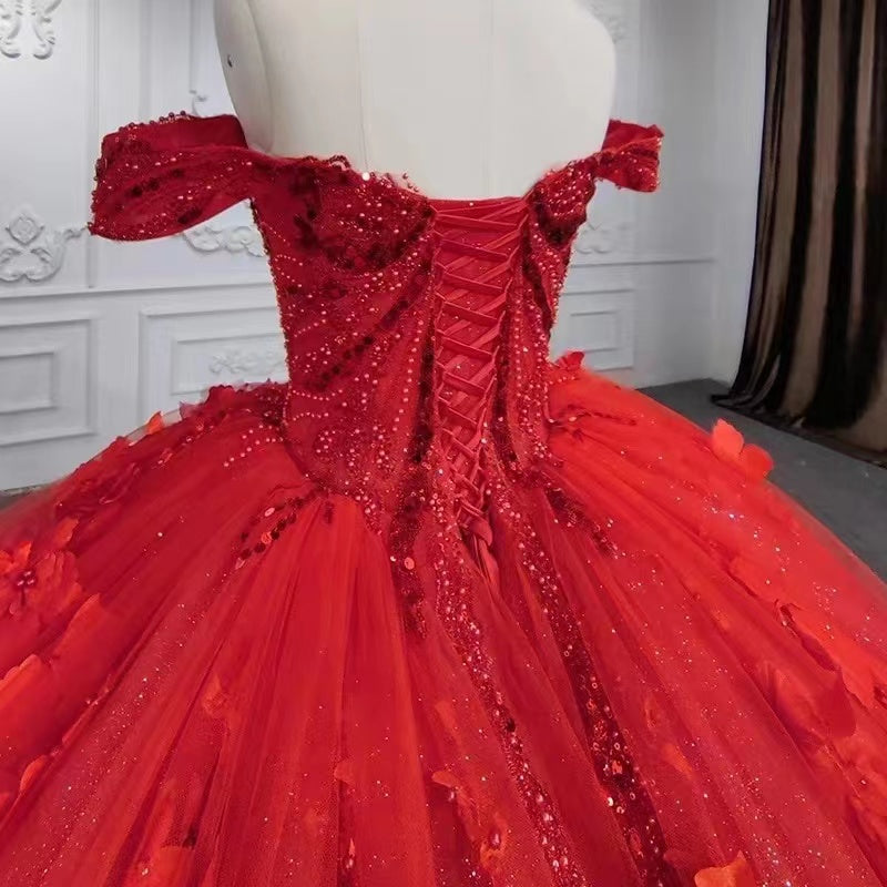 Off-the-Shoulder Ball Gown Wedding Dress Red With Appliques-27dress