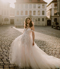 Off-the-Shoulder Beach Wedding Dress Tulle With Appliques-27dress