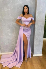 Off the Shoulder Beadings Lilac Long Mermaid Prom Dress With Ruffles Split