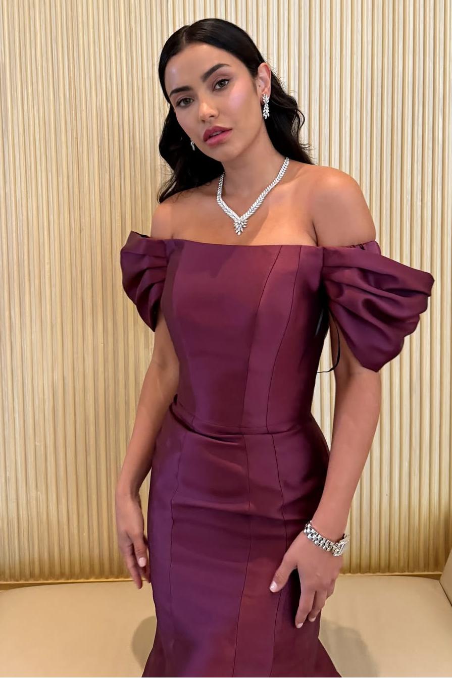 Off the Shoulder Bubble Sleeves Long Mermaid Prom Dress With Pleated