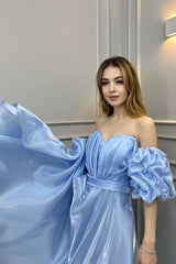 Off the Shoulder Bubble Sleeves Long Prom Dress With Pleated