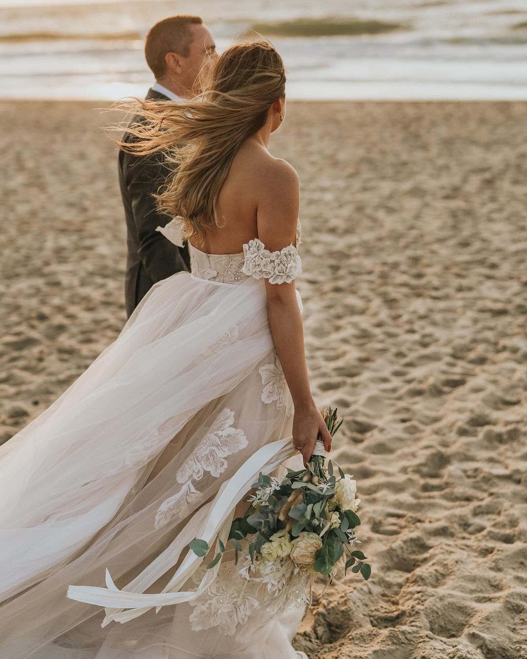 Off-the-Shoulder Champagne Beach Wedding Dress Lace Tulle Long-27dress