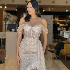 Off the Shoulder Charming Champagne Sequins Prom Dress With Feather