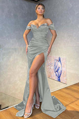 Off the Shoulder Dark Green Beadings Long Mermaid Prom Dress With Split
