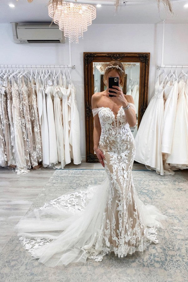 Off-the-Shoulder Lace Bridal Gown Mermaid Appliques-27dress