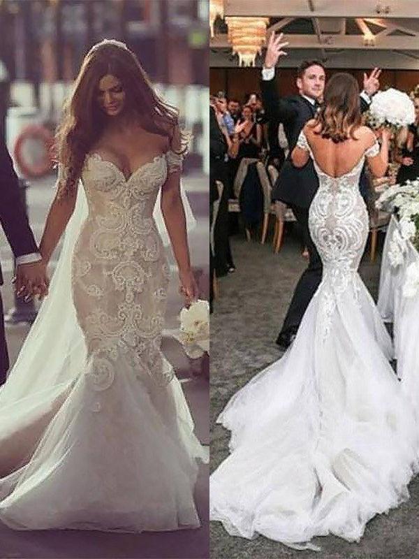 Off-the-Shoulder Lace Wedding Dress Mermaid Long-27dress