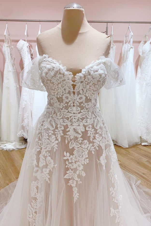 Off-the-Shoulder Lace Wedding Dress Tulle Bridal Gowns-27dress