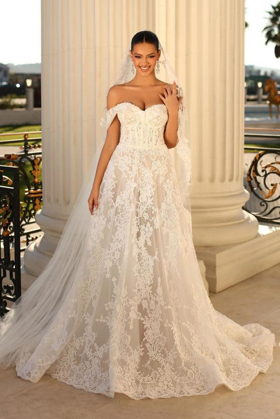 Off-the-Shoulder Lace Wedding Dress Tulle With Appliques-27dress