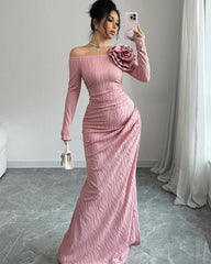 Off-The-Shoulder Long Sleeves Long Mermaid Prom Dress With Flower HF0003