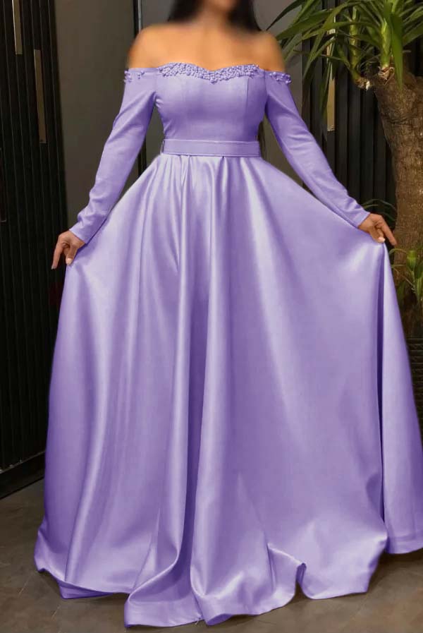 Off the Shoulder Long Sleeves Long Prom Dress With Pleated Beading