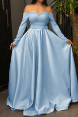 Off the Shoulder Long Sleeves Long Prom Dress With Pleated Beading