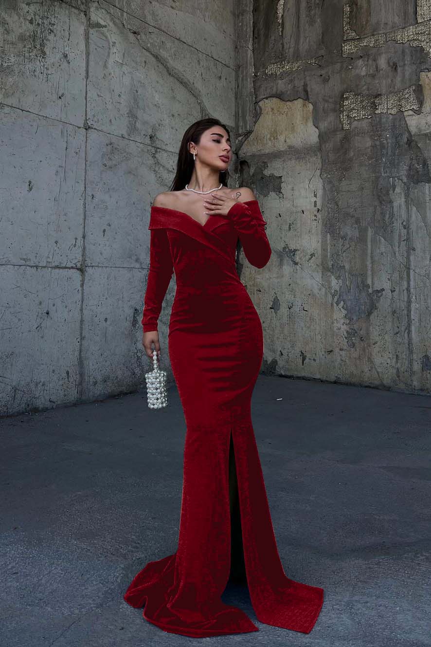 Off the Shoulder Long Sleeves Split Long Prom Dress With Pleated