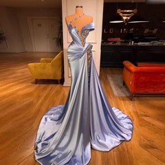 Off-the-Shoulder Mermaid Prom Dress Long Beadings with Split-27dress