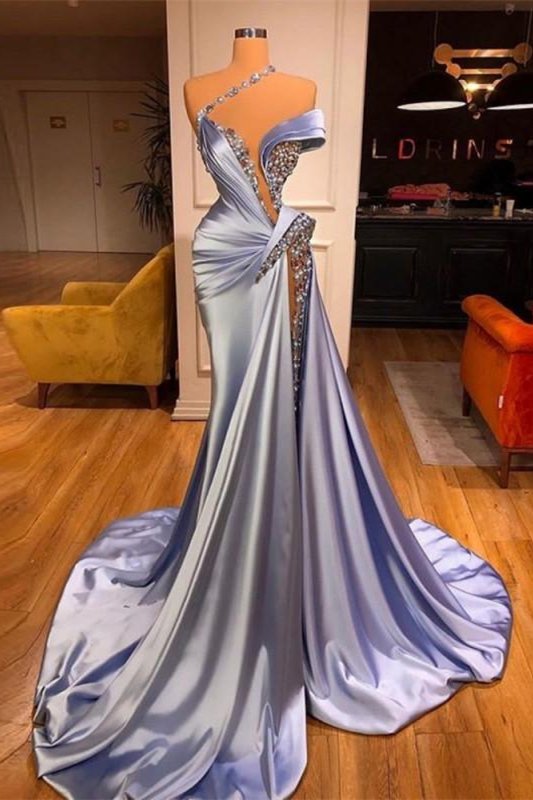 Off-the-Shoulder Mermaid Prom Dress Long Beadings with Split-27dress