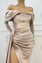 Off the Shoulder Mermaid Prom Dress Long Sleeves With Slit