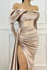 Off the Shoulder Mermaid Prom Dress Long Sleeves With Slit