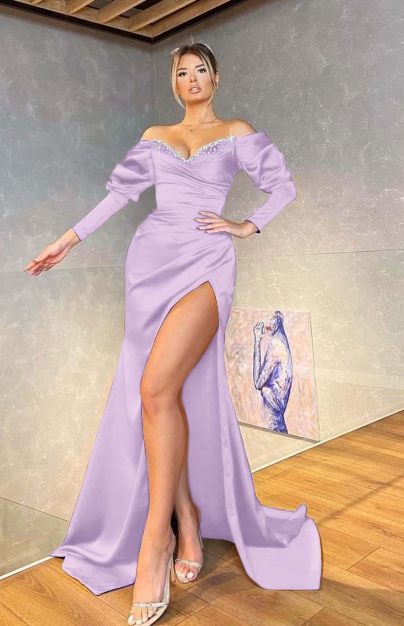 Off the Shoulder Mermaid Royal Blue Long Sleeves Prom Dress Beading