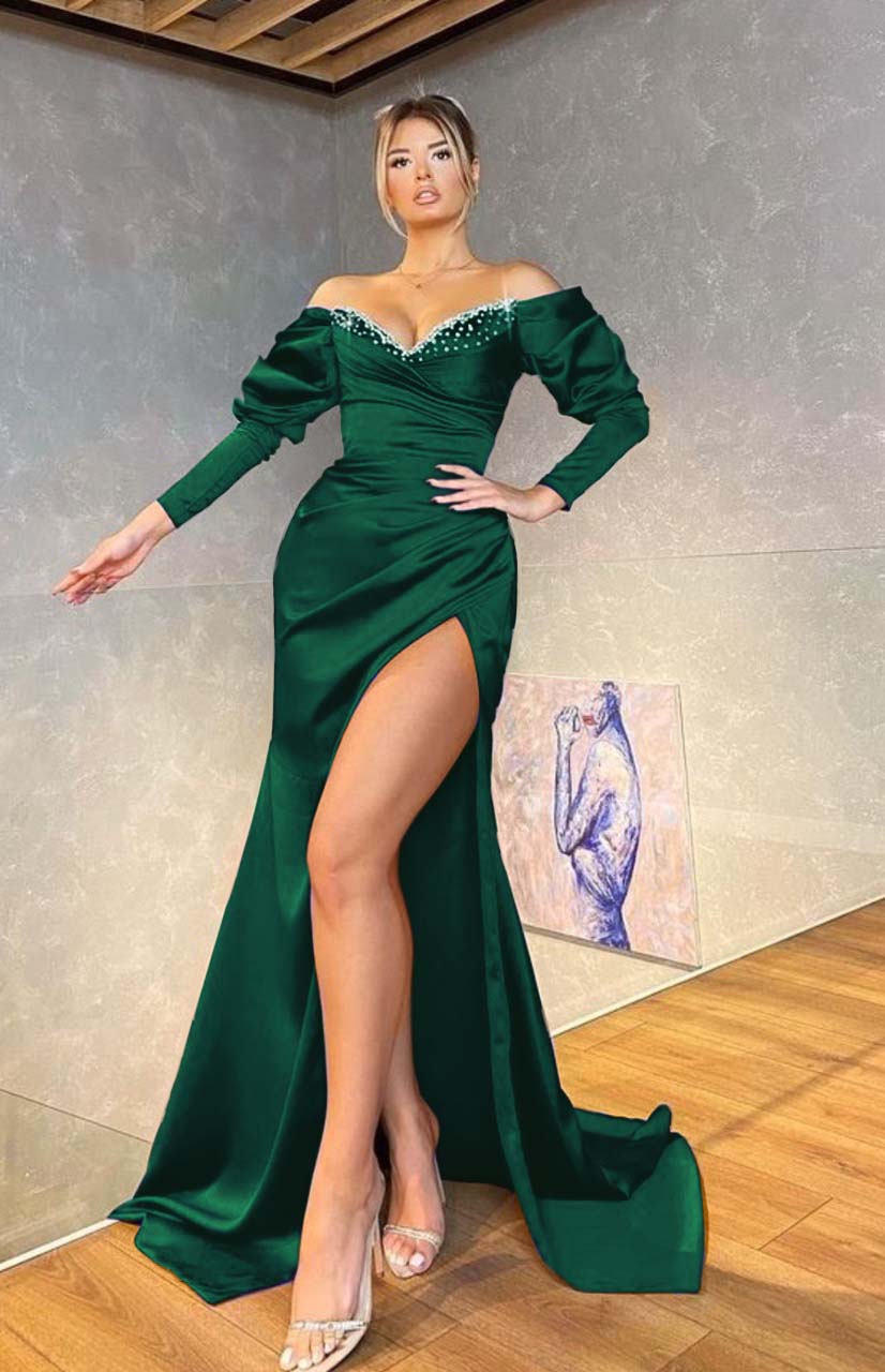 Off the Shoulder Mermaid Royal Blue Long Sleeves Prom Dress Beading