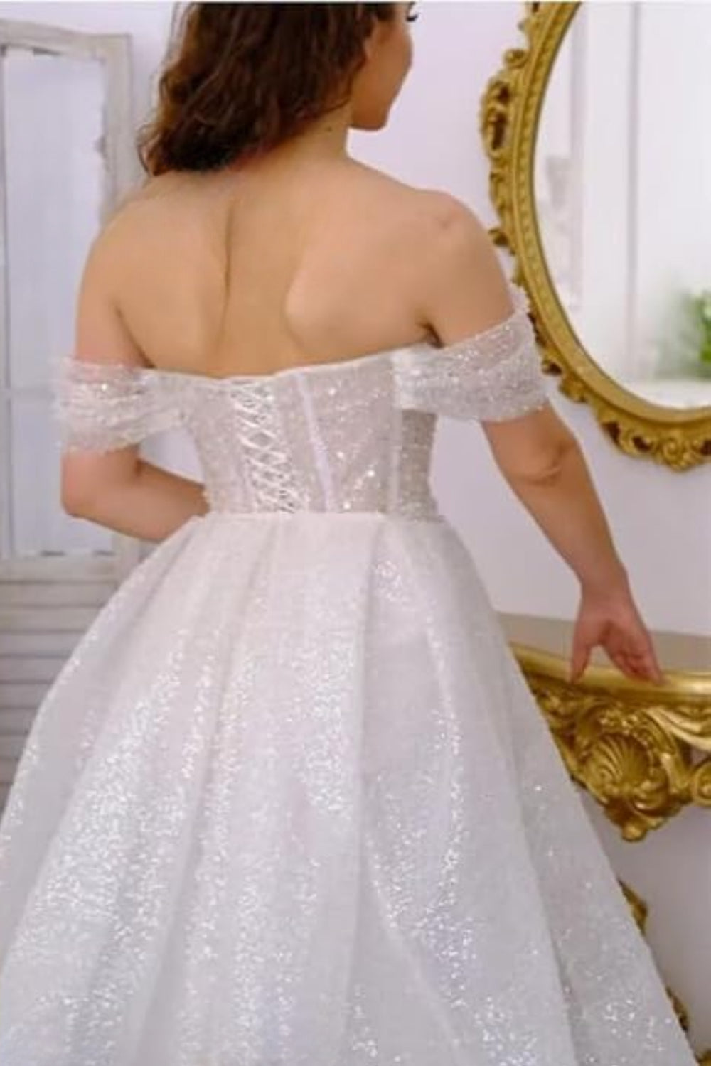 Off-the-Shoulder Mermaid Sequined Wedding Dress with Detachable Train-27dress
