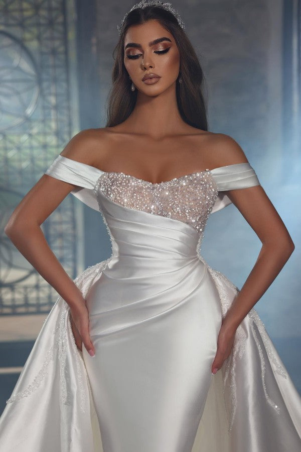 Off-the-Shoulder Overskirt Wedding Dress Long With Beads-27dress