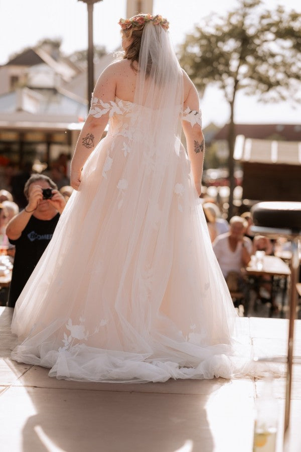 Ruffle Sleeve Wedding Dress Floral Applique Open Back Tulle Wedding Dress | David's Bridal Garden Wedding Dress Ruffle Sleeve Wedding Dress Floral Applique Open Back Tulle Wedding Dress | David's Bridal Garden Wedding Dress