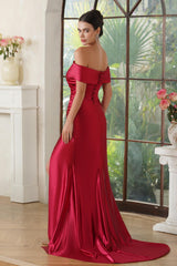 Off-the-shoulder Satin Mermaid Long Prom Dress with Slit-27dress