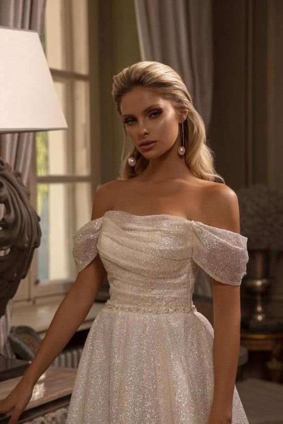 Off-the-Shoulder Sequins Wedding Dresses Long With Pleats-27dress