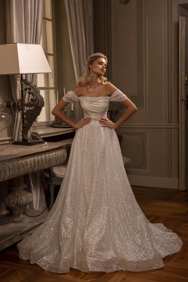 Off-the-Shoulder Sequins Wedding Dresses Long With Pleats-27dress