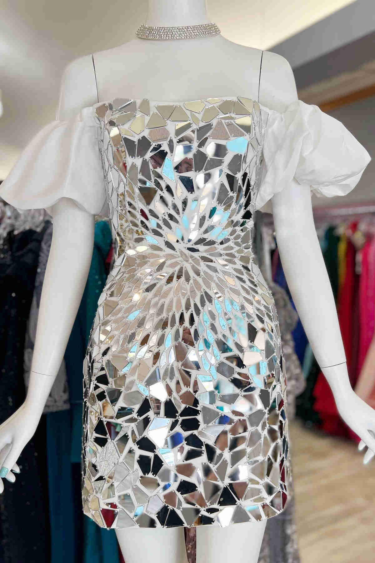Off the Shoulder Silver Cut Glass Mirror Homecoming Dress
