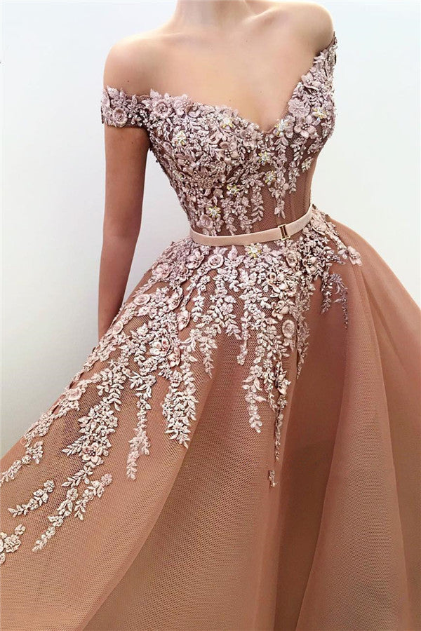 Off the Shoulder Sleeveless Appliques Elegant V Neck Long Prom Dress With Belt