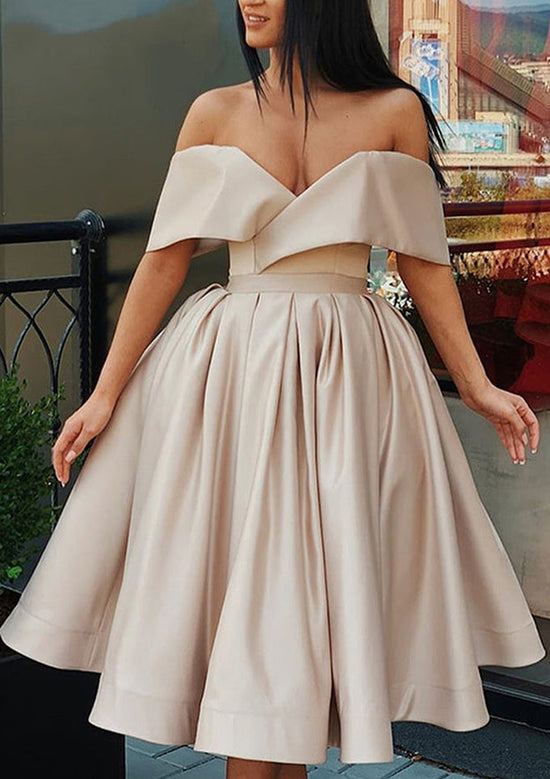 Off-the-Shoulder Sleeveless Satin Knee-Length Homecoming Dress with Ruffles-27dress