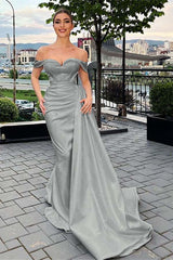 Off the Shoulder Sleeveless White Pleated Prom Dress Mermaid With Ruffles