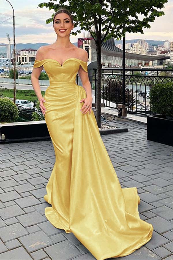 Off the Shoulder Sleeveless White Pleated Prom Dress Mermaid With Ruffles