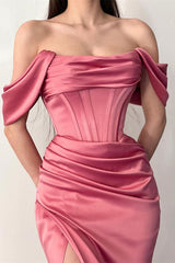 Off the Shoulder Strapless Dusty Rose Pleated Prom Dress Mermaid With Split