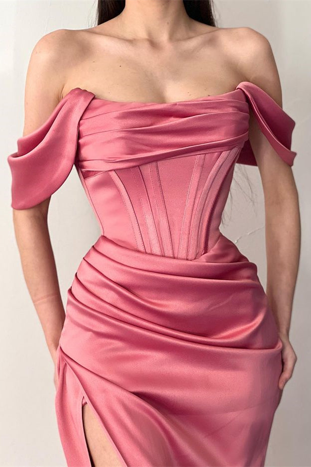 Off the Shoulder Strapless Dusty Rose Pleated Prom Dress Mermaid With Split