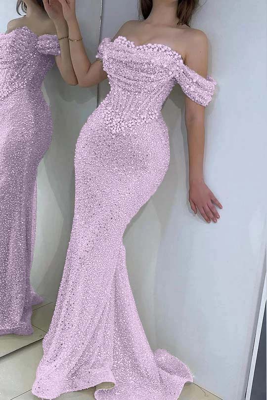 Off the Shoulder Strapless Sleeveless Long Prom Dress With Sequins