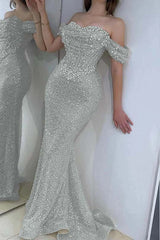 Off the Shoulder Strapless Sleeveless Long Prom Dress With Sequins