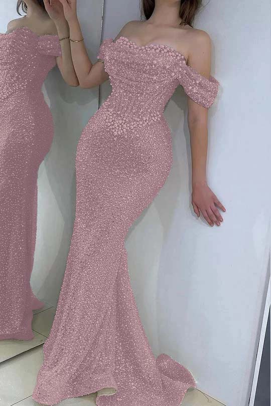 Off the Shoulder Strapless Sleeveless Long Prom Dress With Sequins