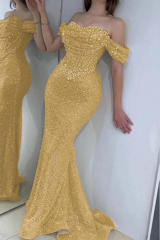 Off the Shoulder Strapless Sleeveless Long Prom Dress With Sequins