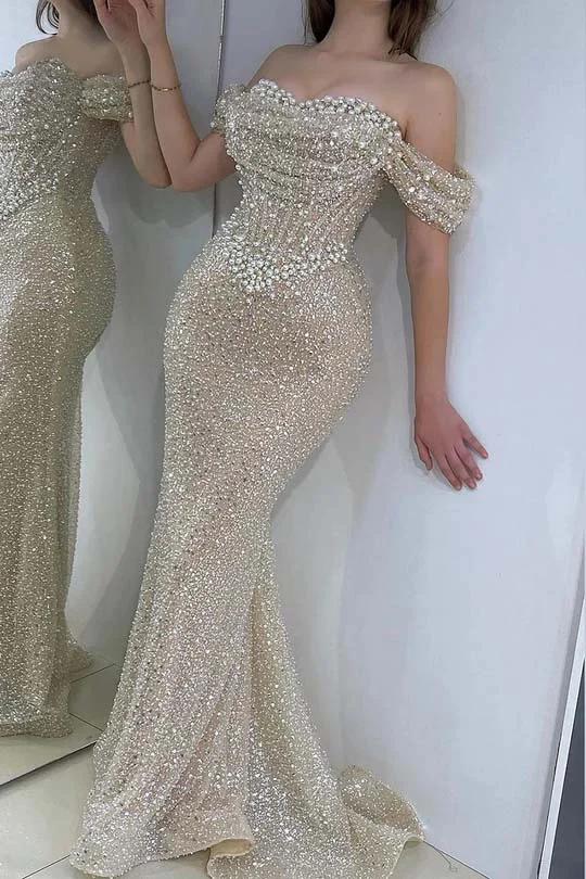 Off the Shoulder Strapless Sleeveless Long Prom Dress With Sequins