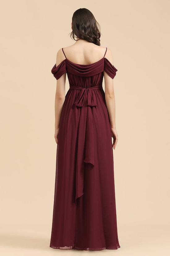 Off-the-Shoulder Sweetheart Burgundy Long Bridesmaid Dress With Slit-27dress