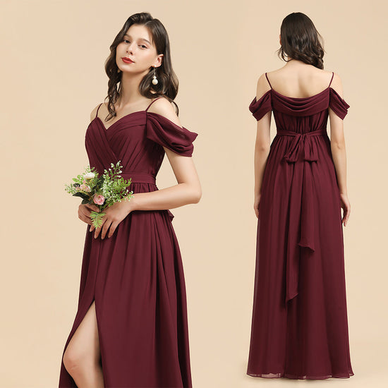 Off-the-Shoulder Sweetheart Burgundy Long Bridesmaid Dress With Slit-27dress