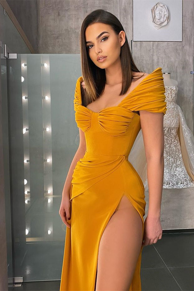 Off the Shoulder Sweetheart Long High Split Mermaid Prom Dress With Pleated