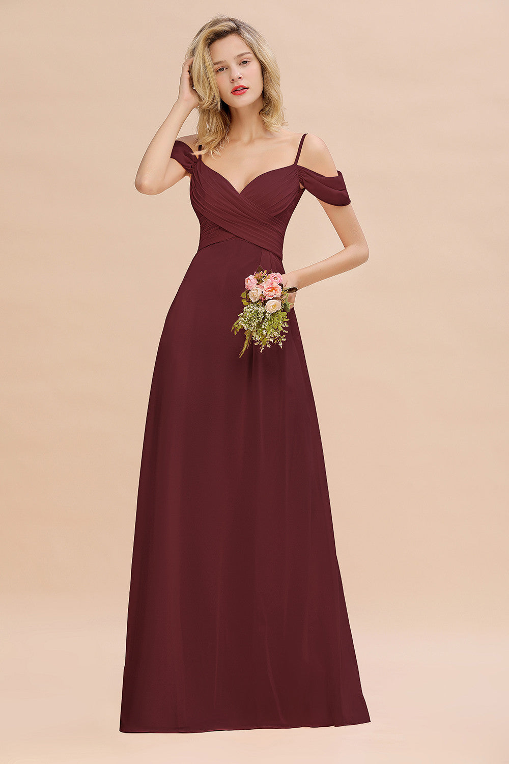 Off-the-Shoulder Sweetheart Ruched Long Bridesmaid Dress Online-27dress