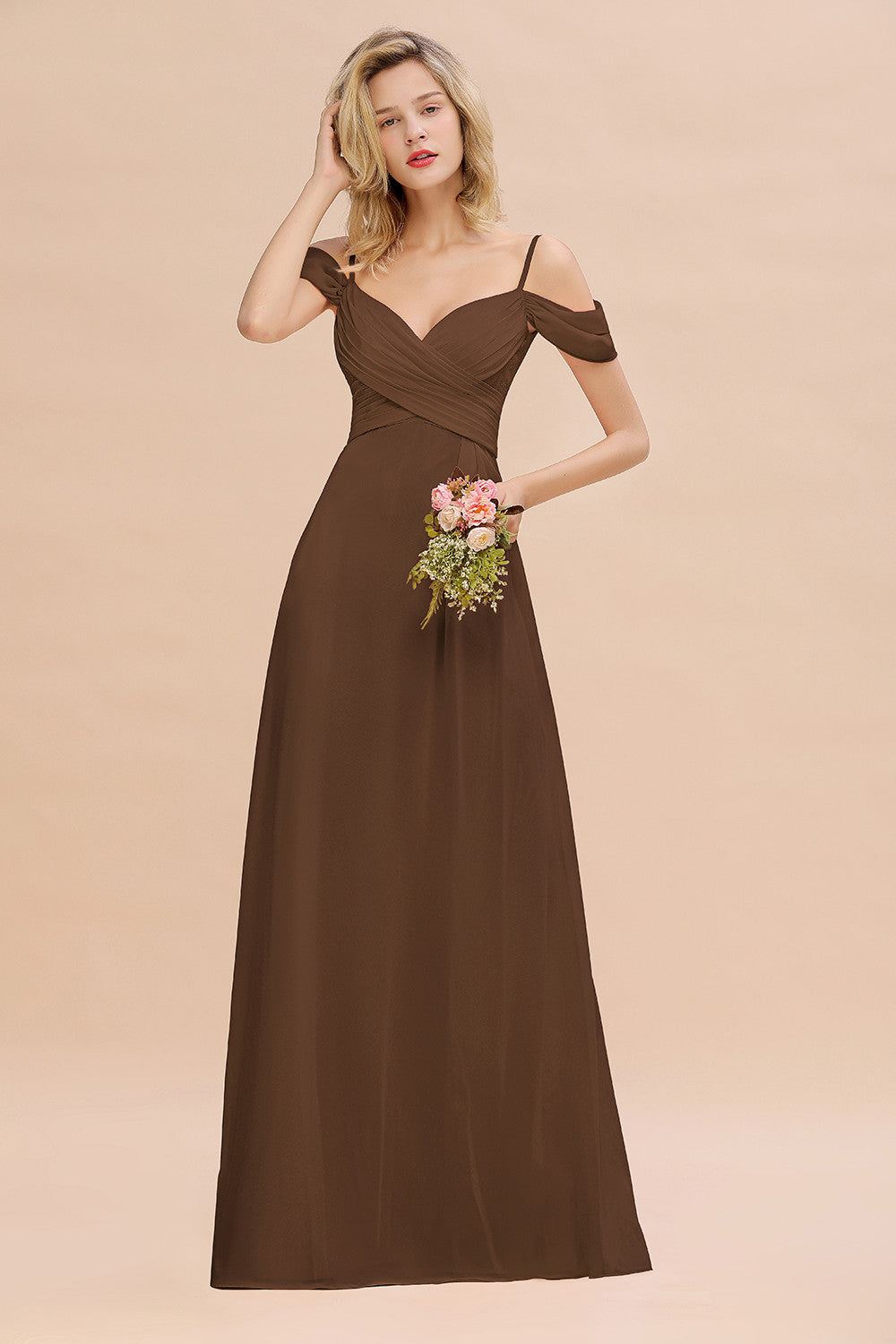 Off-the-Shoulder Sweetheart Ruched Long Bridesmaid Dress Online-27dress