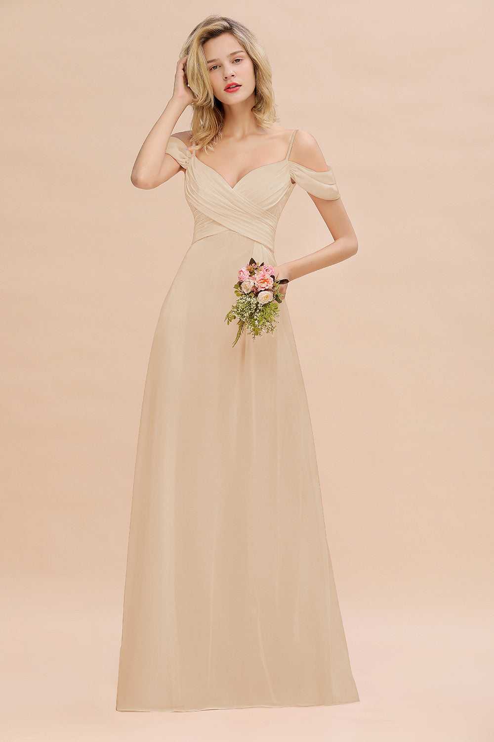 Off-the-Shoulder Sweetheart Ruched Long Bridesmaid Dress Online-27dress
