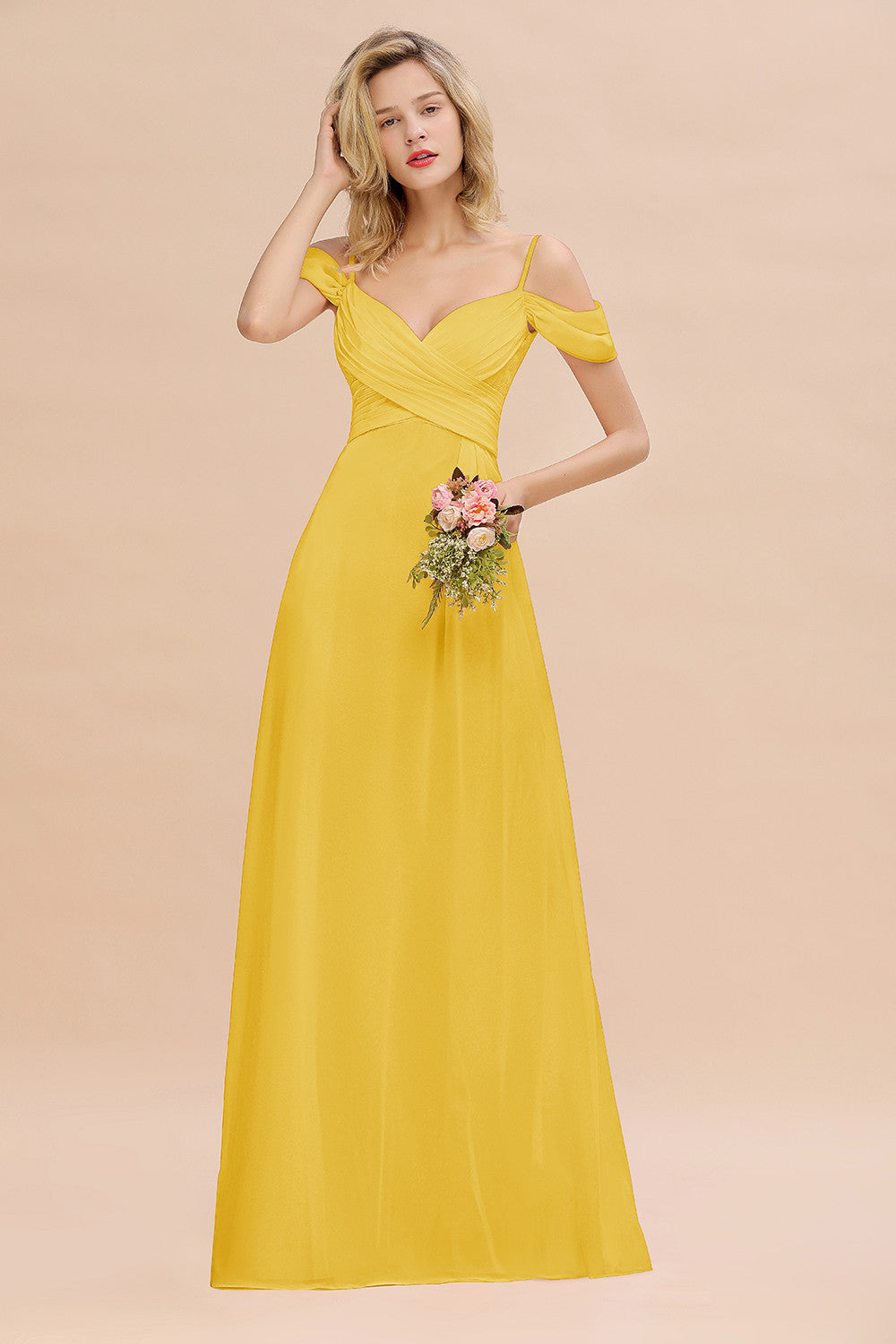 Off-the-Shoulder Sweetheart Ruched Long Bridesmaid Dress Online-27dress