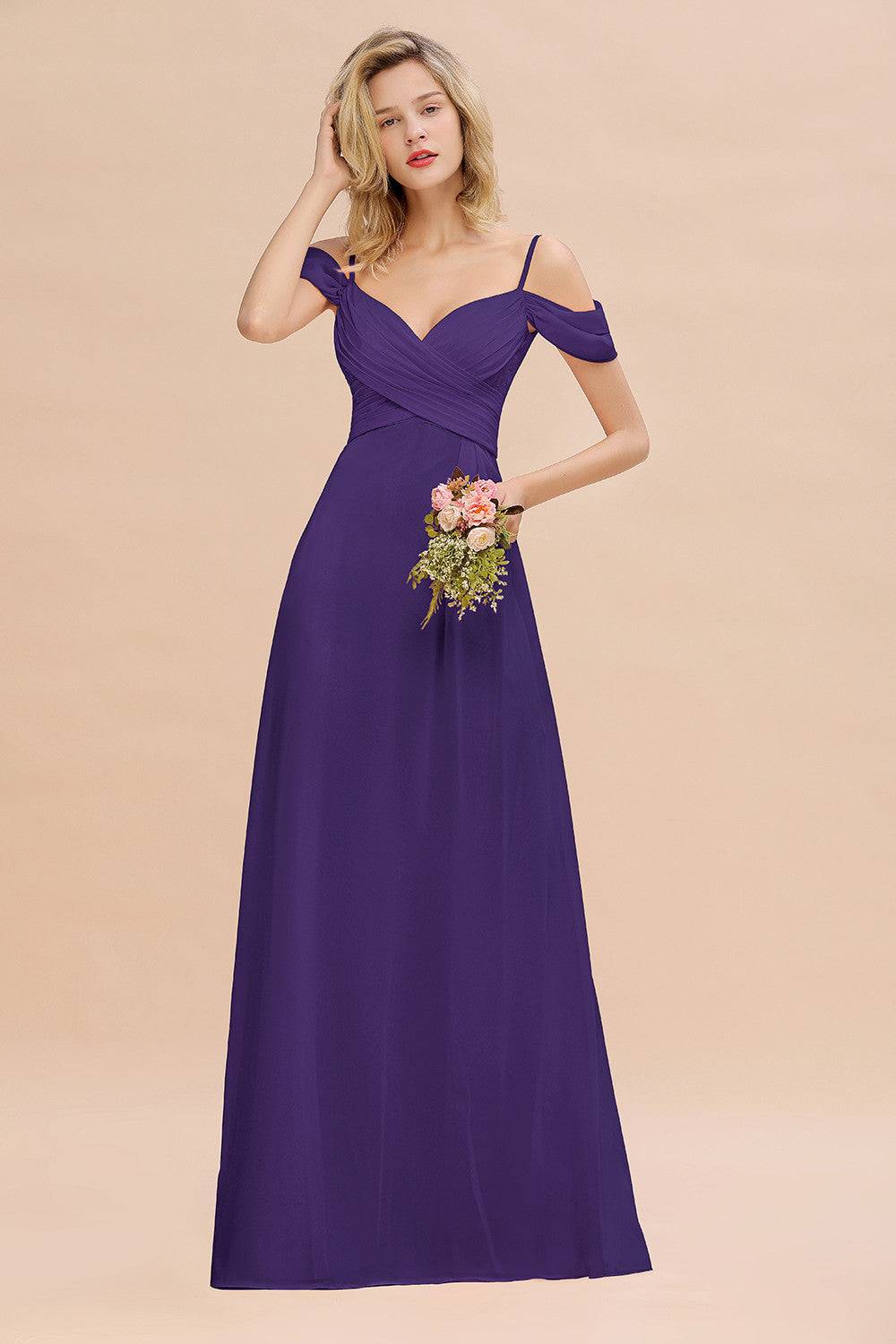 Off-the-Shoulder Sweetheart Ruched Long Bridesmaid Dress Online-27dress