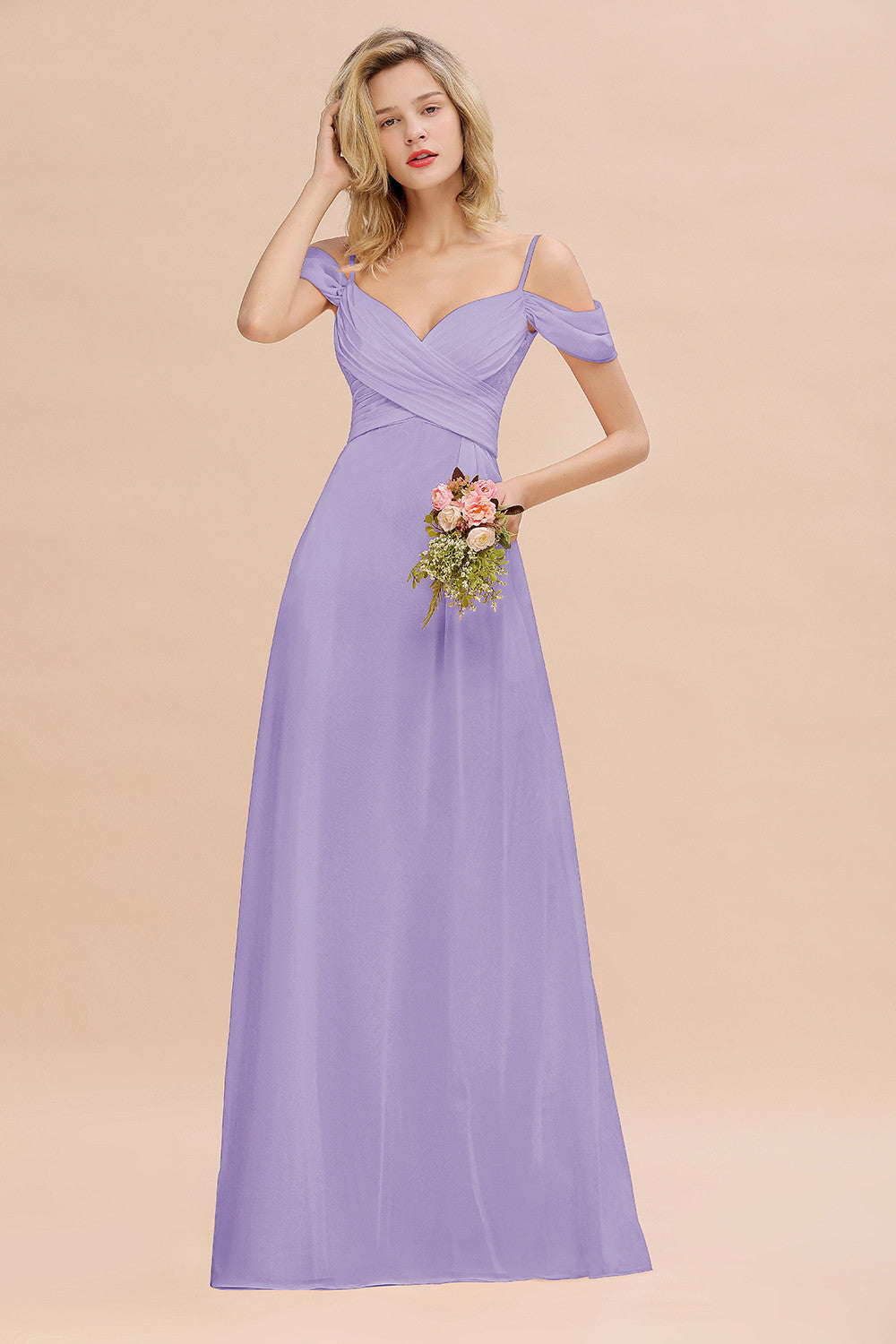 Off-the-Shoulder Sweetheart Ruched Long Bridesmaid Dress Online-27dress